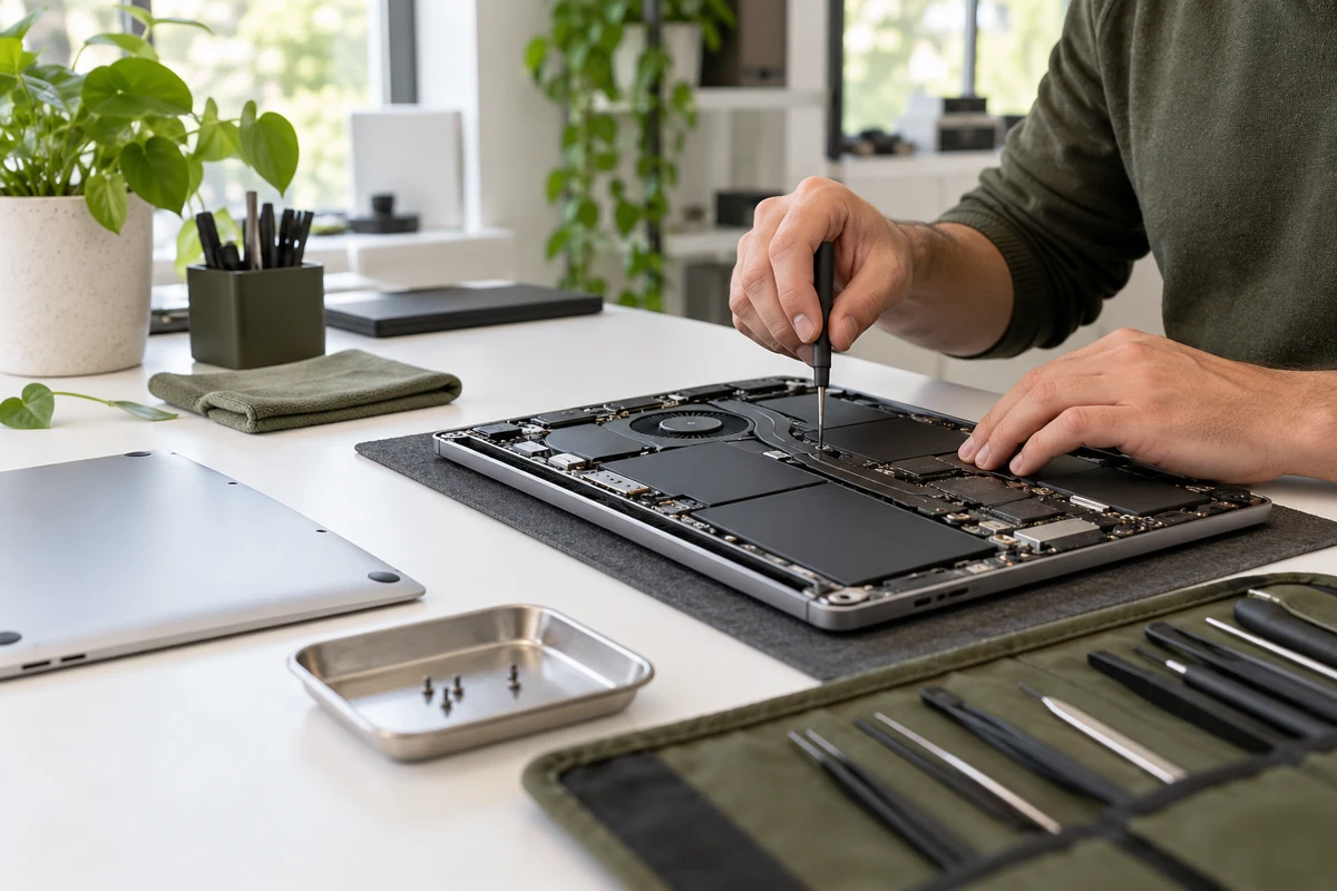 Illustratieve afbeelding van laptopreparatie aan een werkbank